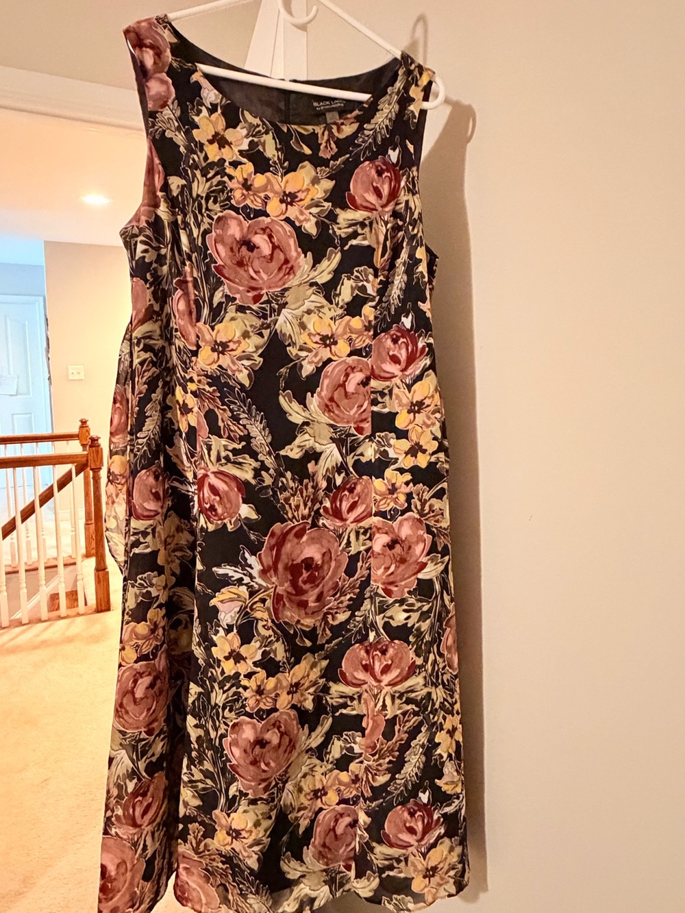Evan Picone Black Midi Dress with Rose and Yellow Floral Motif